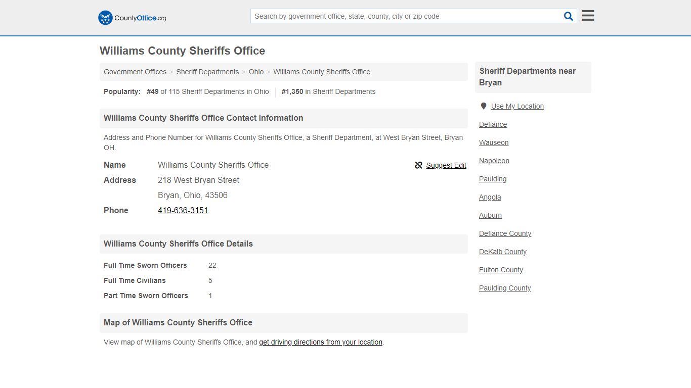 Williams County Sheriffs Office - Bryan, OH (Address and Phone)